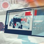 A creative collage featuring a laptop displaying design ideas, surrounded by layered torn-paper textures inspired by African kente and adire patterns, naive doodles, and organic motifs—symbolizing the 2026 imperfect by design trend and human rebellion against AI uniformity.