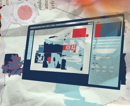 A creative collage featuring a laptop displaying design ideas, surrounded by layered torn-paper textures inspired by African kente and adire patterns, naive doodles, and organic motifs—symbolizing the 2026 imperfect by design trend and human rebellion against AI uniformity.