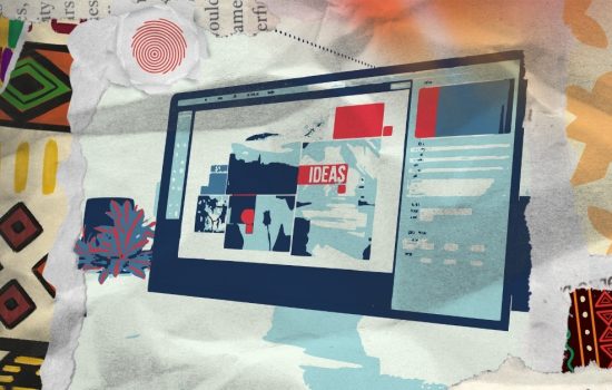 A creative collage featuring a laptop displaying design ideas, surrounded by layered torn-paper textures inspired by African kente and adire patterns, naive doodles, and organic motifs—symbolizing the 2026 imperfect by design trend and human rebellion against AI uniformity.