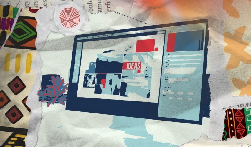 A creative collage featuring a laptop displaying design ideas, surrounded by layered torn-paper textures inspired by African kente and adire patterns, naive doodles, and organic motifs—symbolizing the 2026 imperfect by design trend and human rebellion against AI uniformity.